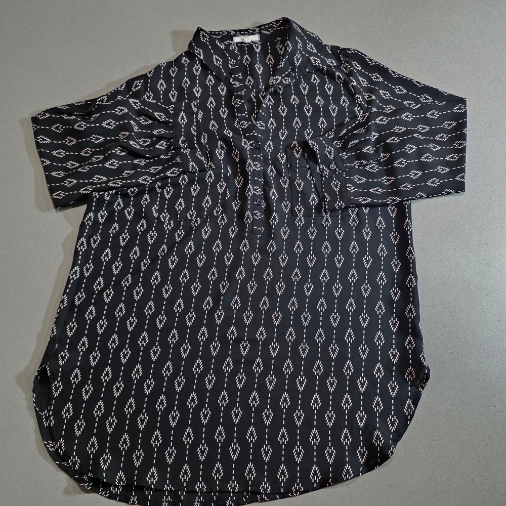 Pleione Black White Geometric Print Roll Tab Sleeve Tunic Blouse Small